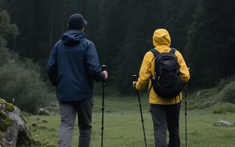 Two hikers exploring a green valley