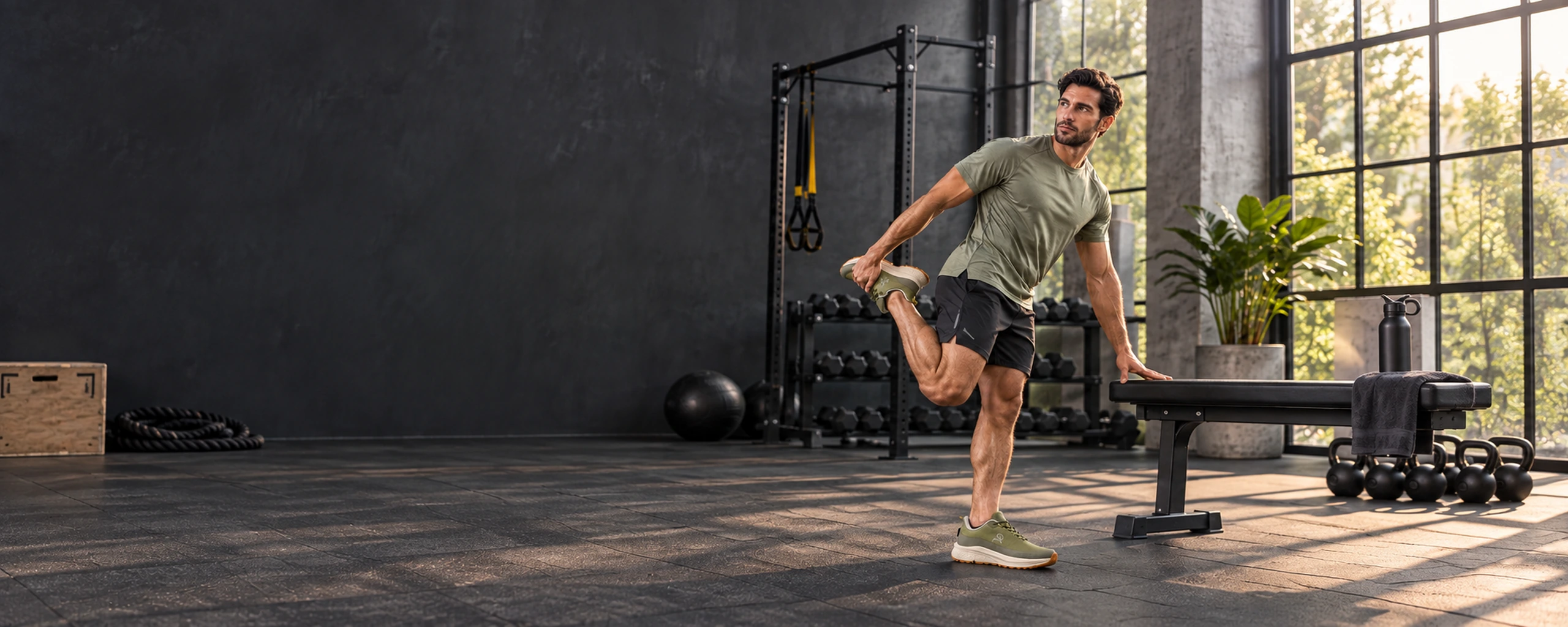 Man stretching in ZL8106 Khaki shoes in a gym