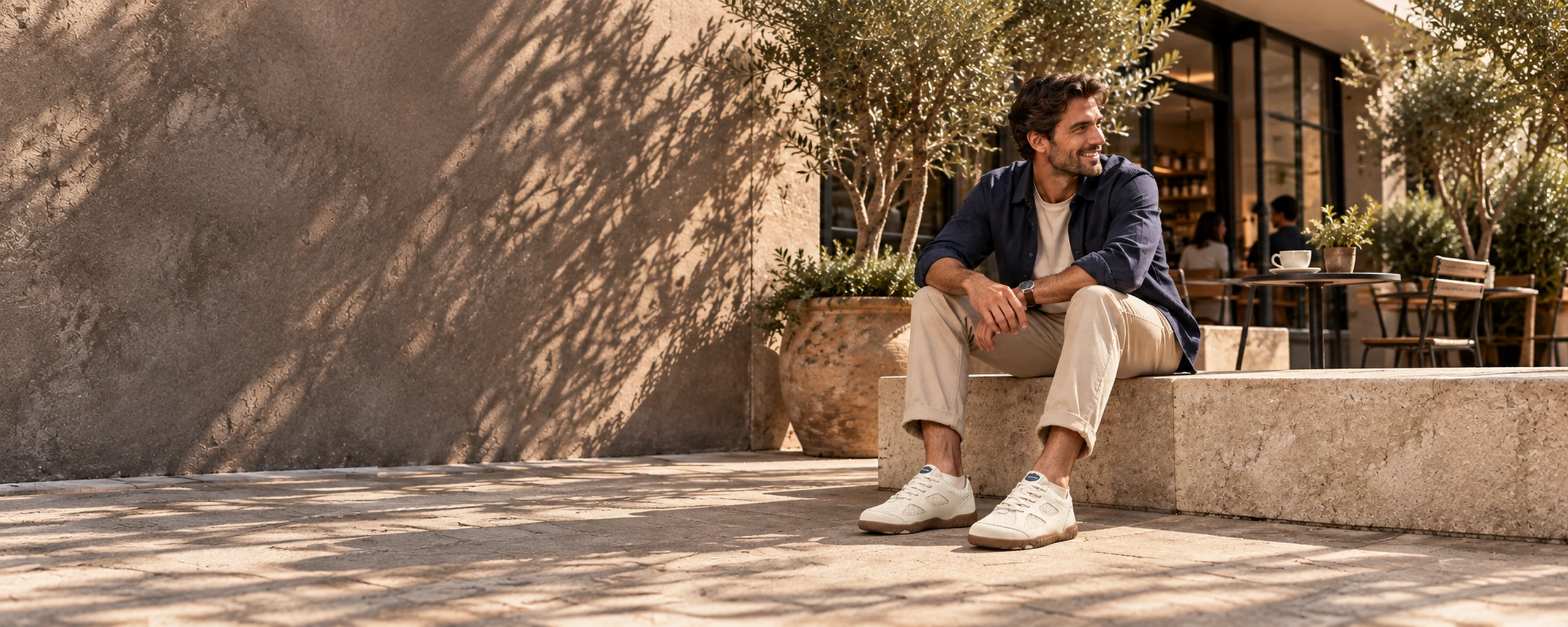 Man wearing ZL7101 White shoes outside a cafe
